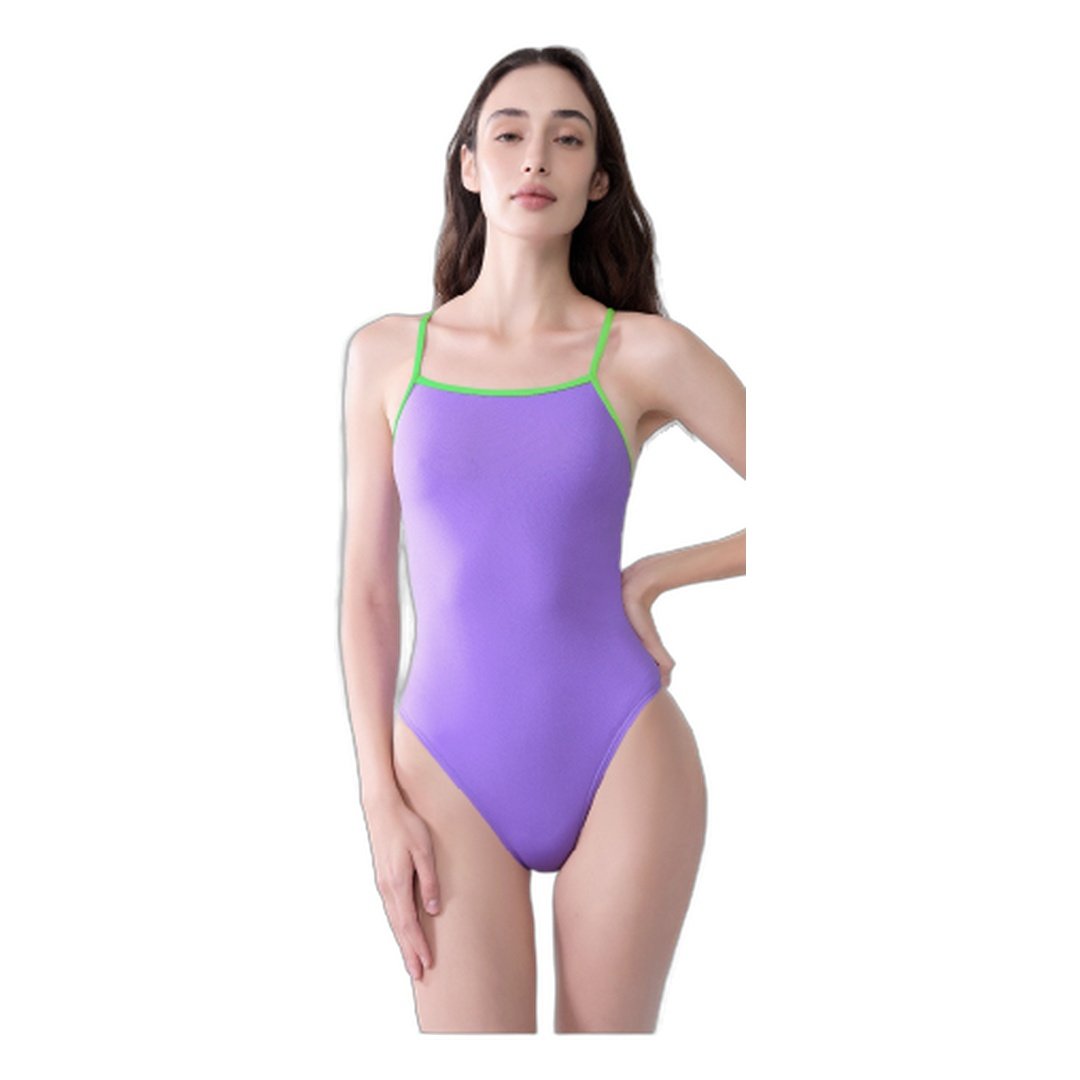 Open Back Color-Block One-Piece Swimsuit - Purple/Green