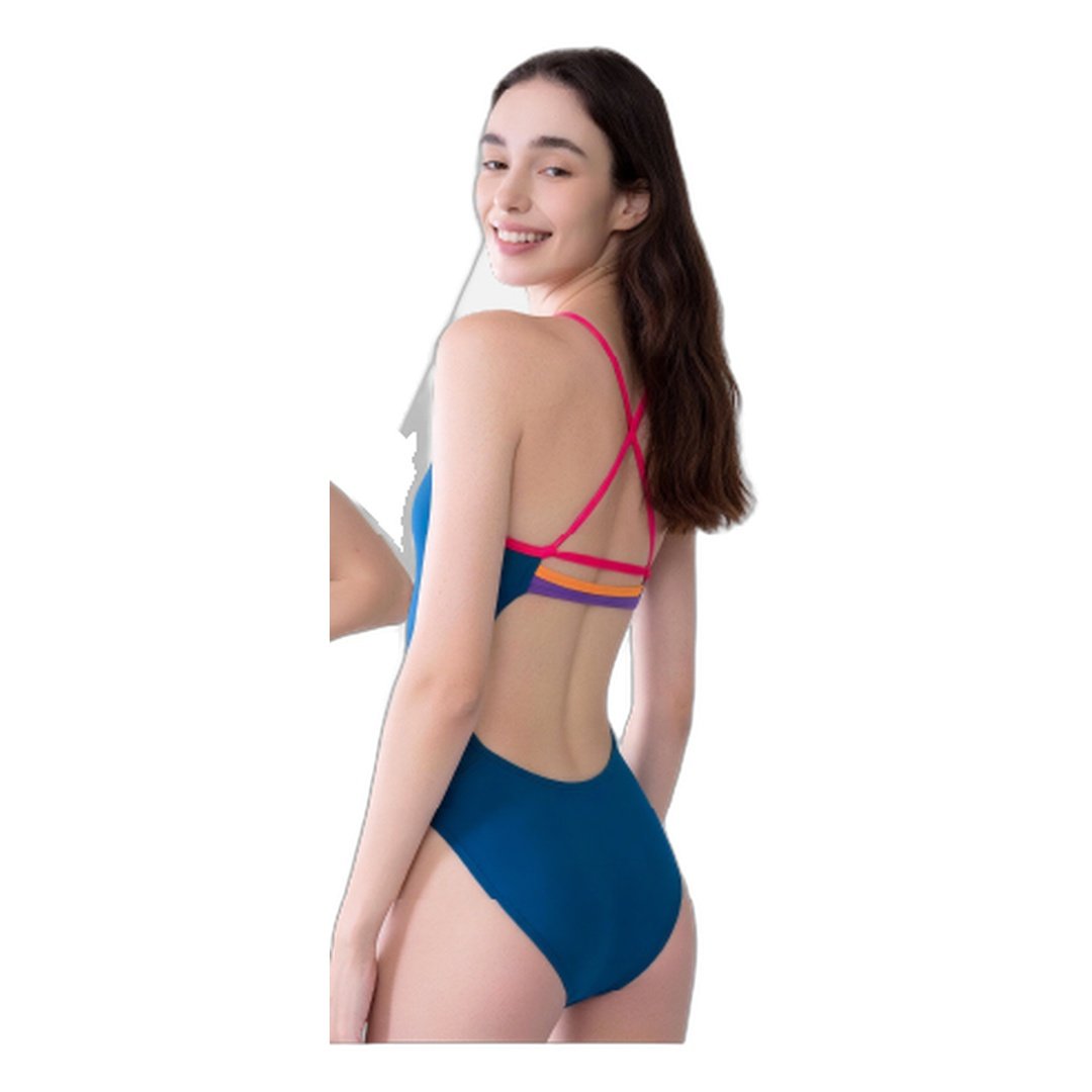 Three-Strap One-Piece Swimsuit - Blue/Pink - Image 2